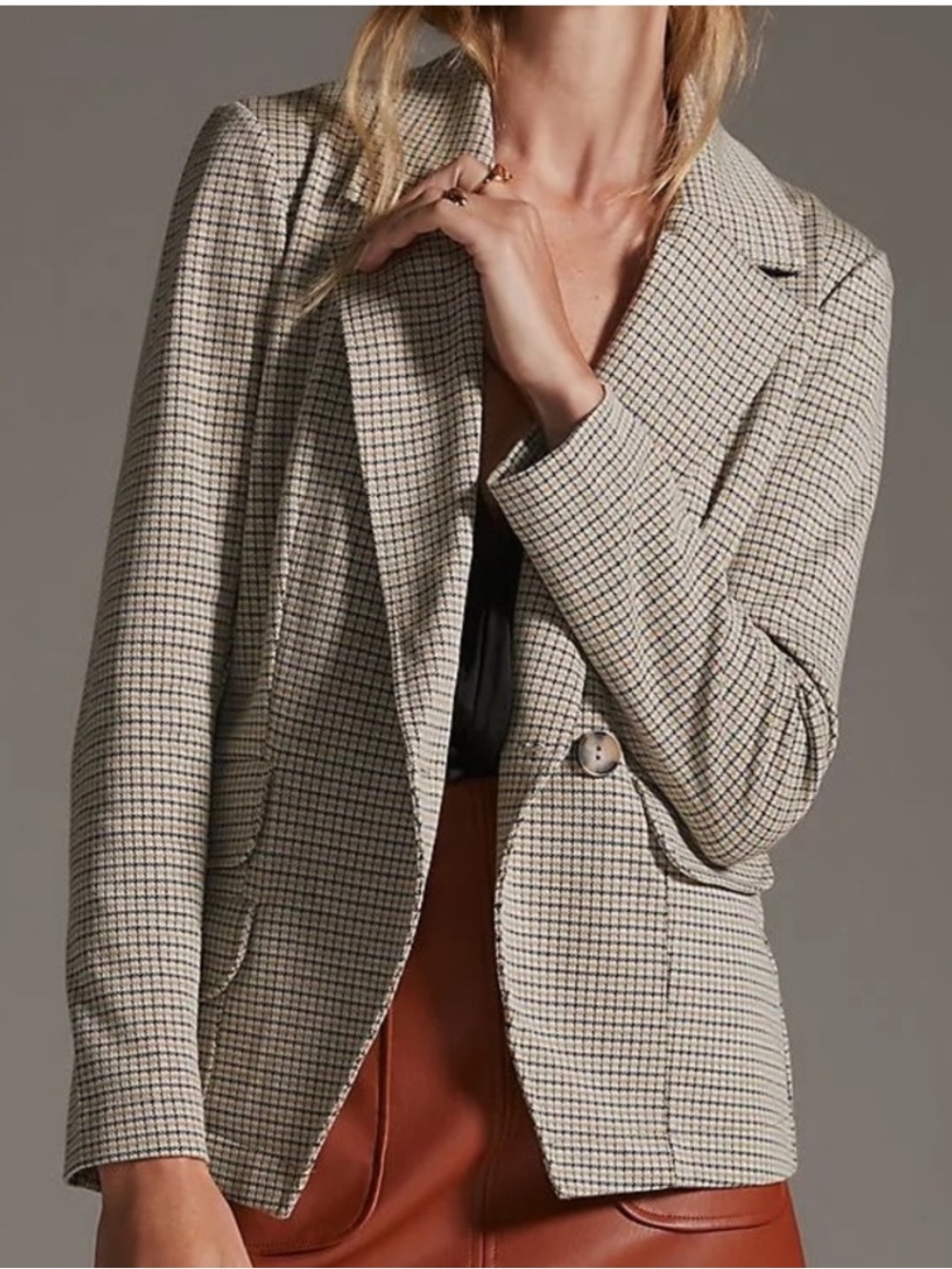 MAEVE Anthropologie Houndstooth Collegiate Stretch Knit Blazer Brown Plaid Small
